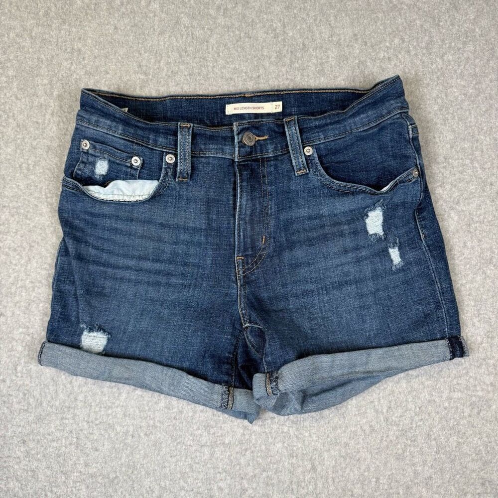 Levis Women Size 27 Mid Length Denim Shorts Blue Distressed 4" Inseam Cuffed Hem
